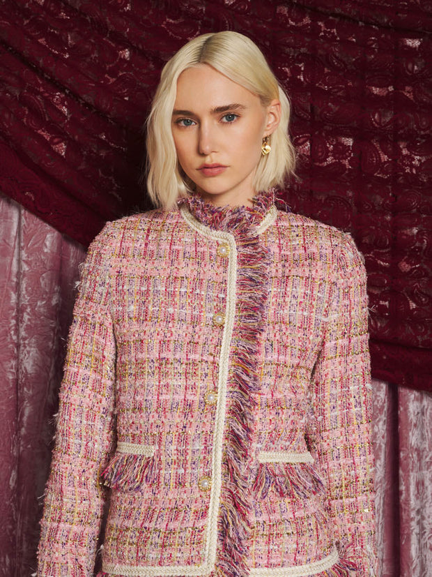 Solace Fringe Tweed Jacket, Multi Pink