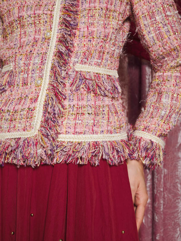 Solace Fringe Tweed Jacket, Multi Pink