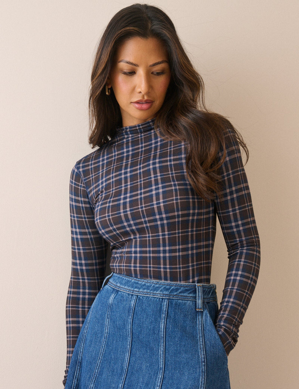 Blue Tartan Long Sleeve Jersey Top - front