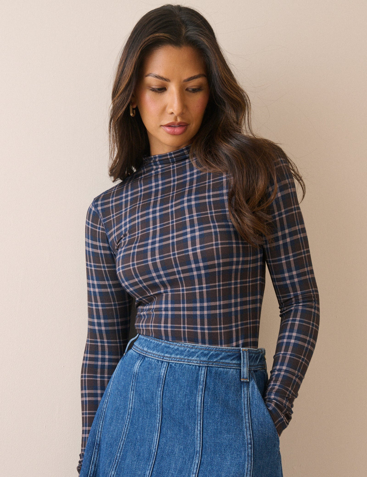 Blue Tartan Long Sleeve Jersey Top - front