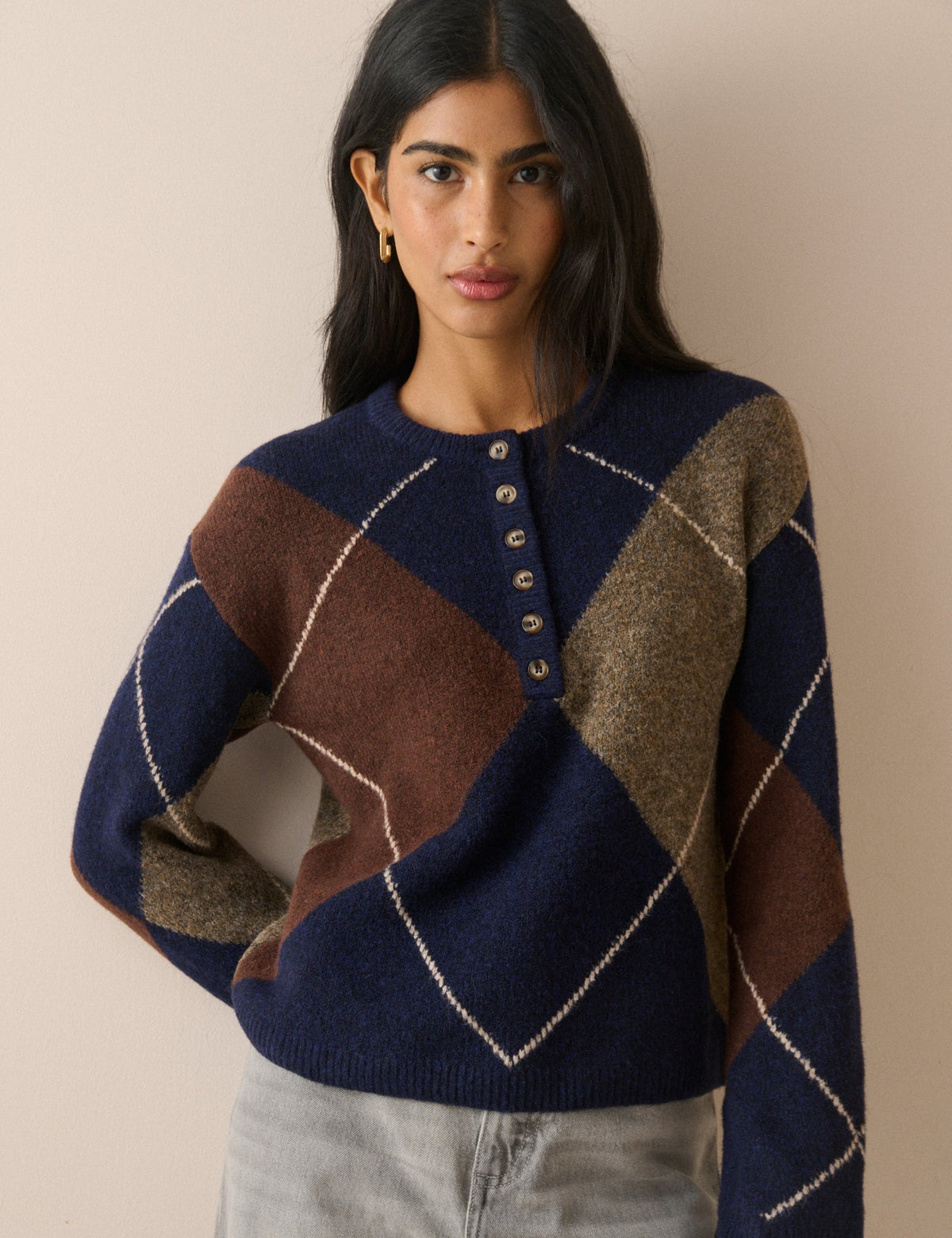 Henley Jumper, Navy Argyle