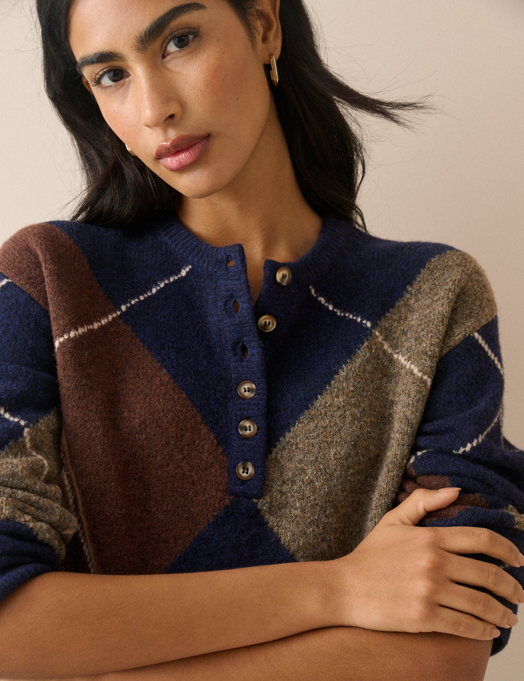 Henley Jumper, Navy Argyle