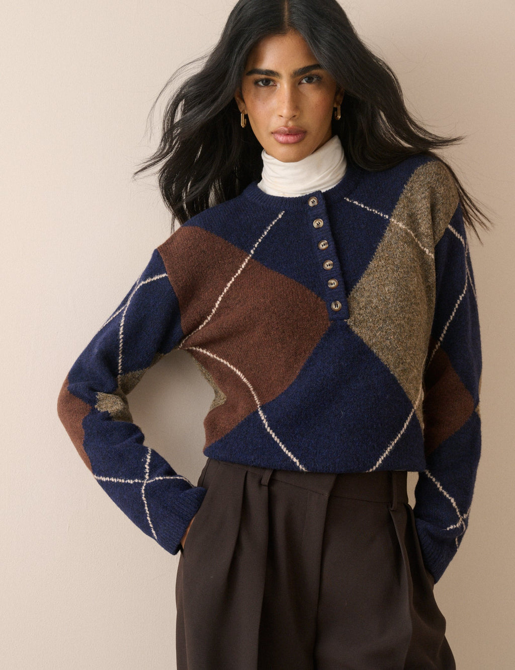 Henley Jumper, Navy Argyle