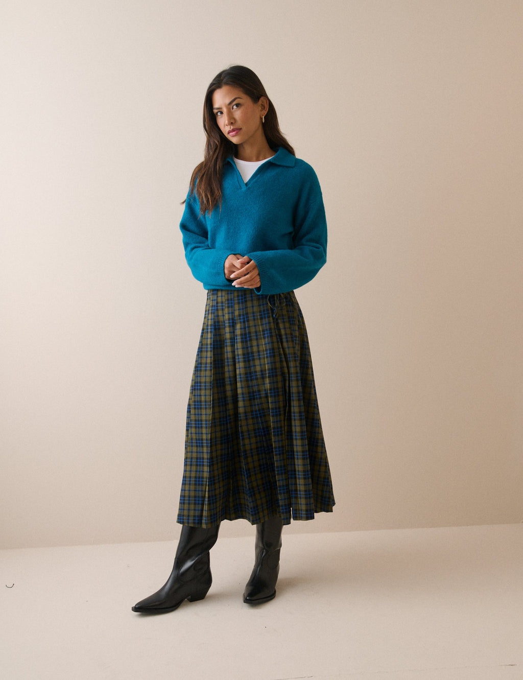 Emily Pleated Midi Kilt, Blue and Green Tartan