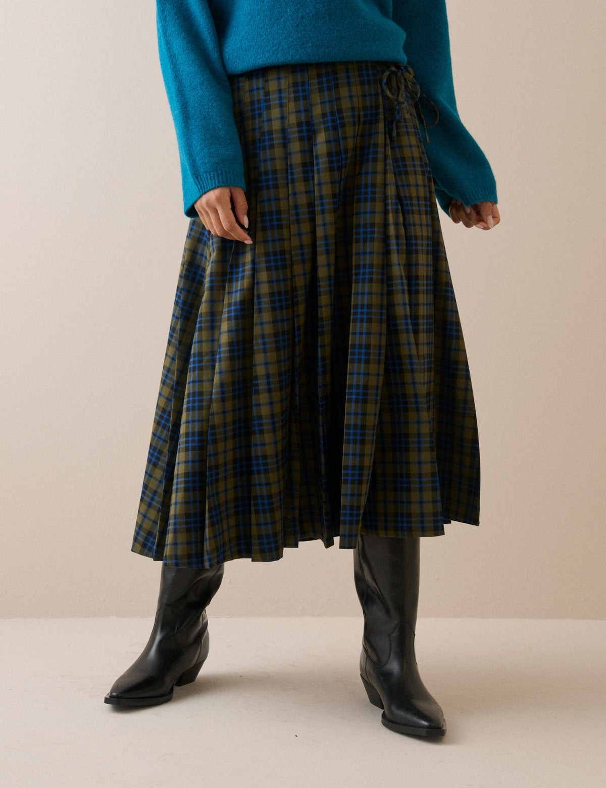 Emily Pleated Midi Kilt, Blue and Green Tartan