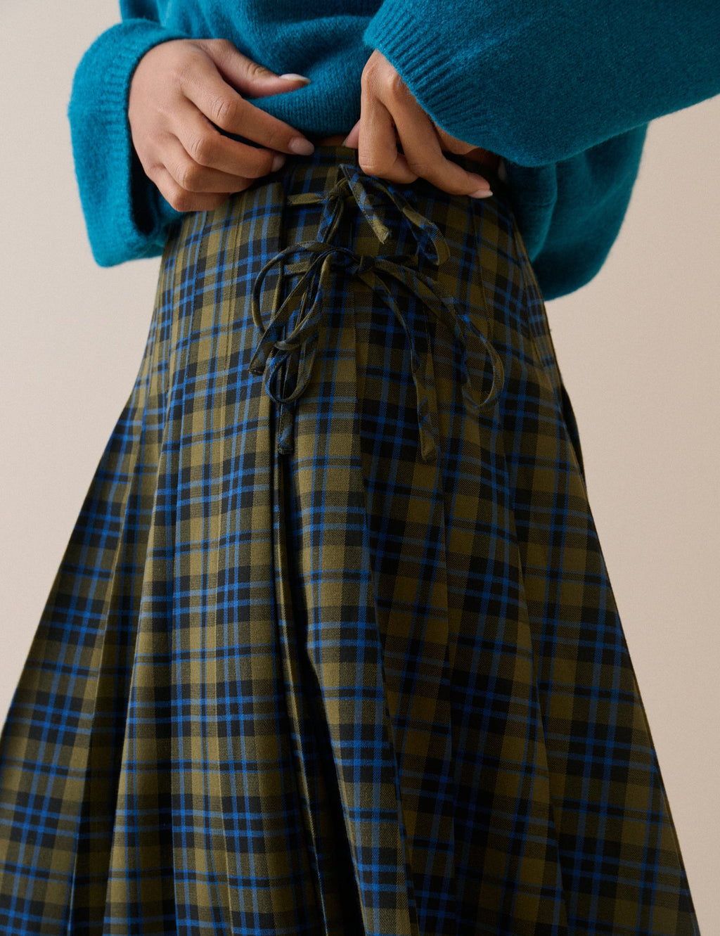 Emily Pleated Midi Kilt, Blue and Green Tartan