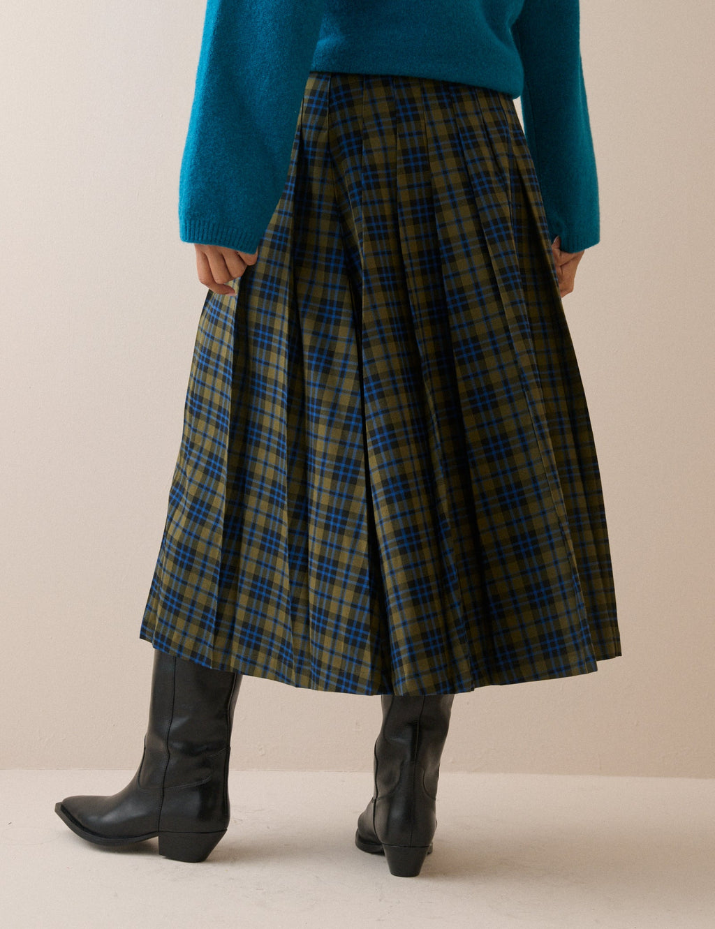 Emily Pleated Midi Kilt, Blue and Green Tartan