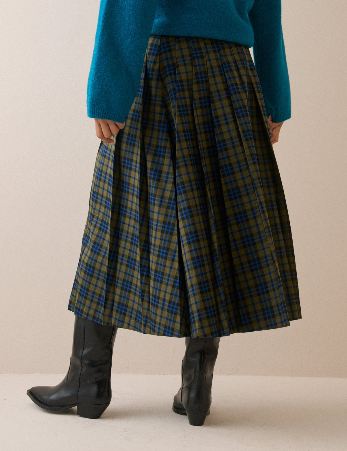 Emily Pleated Midi Kilt, Blue and Green Tartan