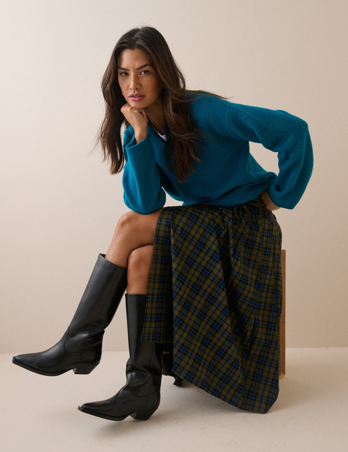 Emily Pleated Midi Kilt, Blue and Green Tartan