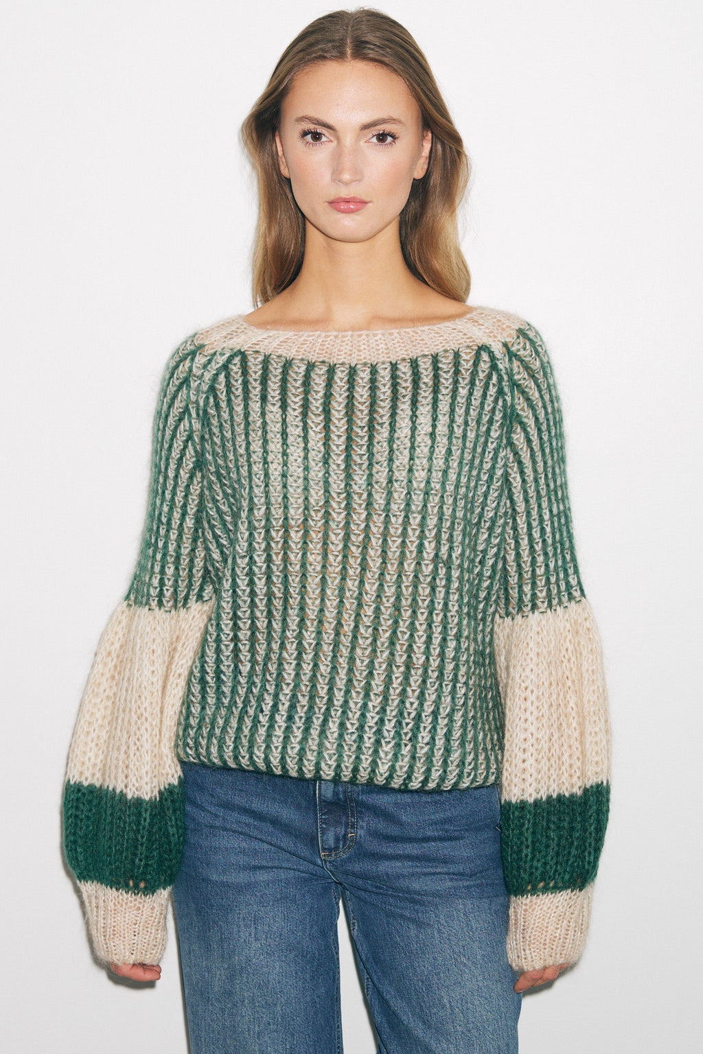 Liana Knit Sweater, Beige/Bottle Green