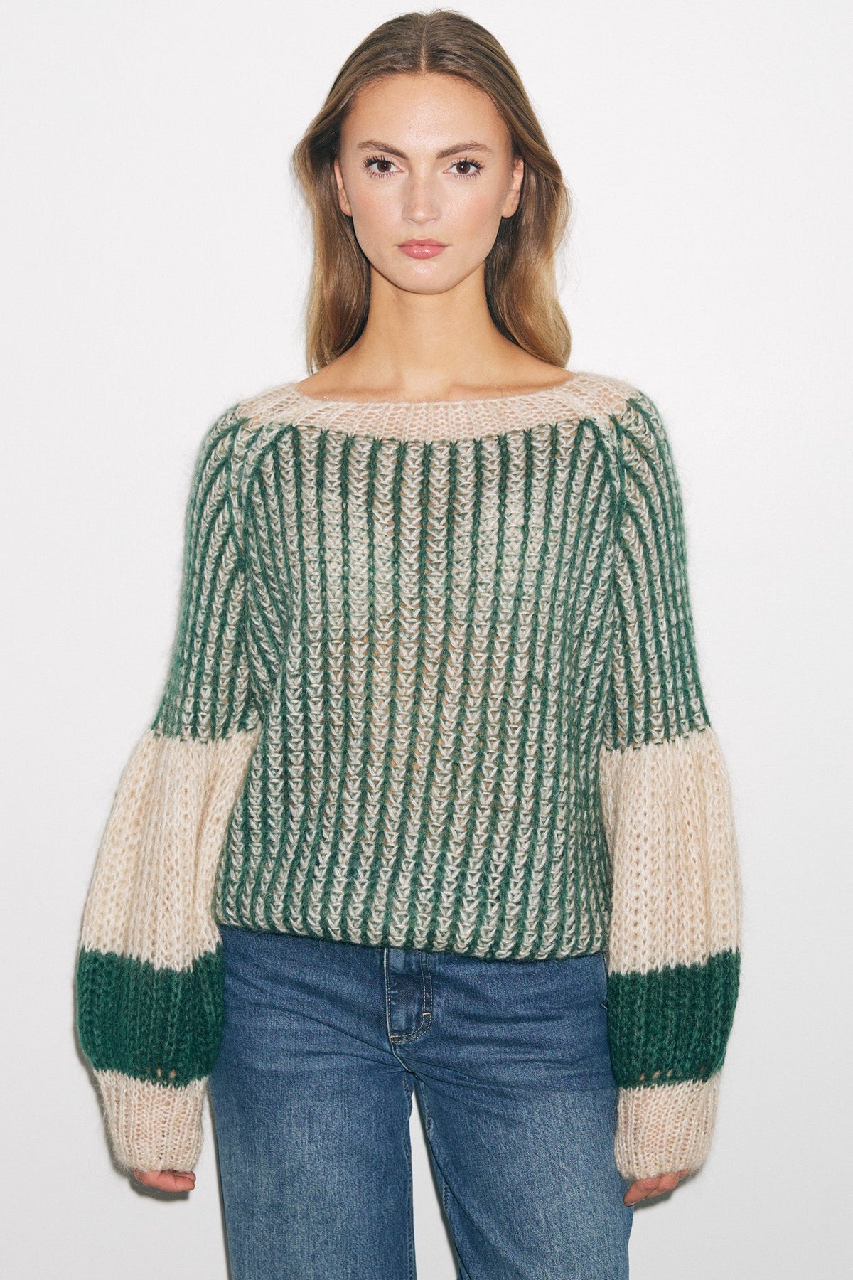 Liana Knit Sweater, Beige/Bottle Green