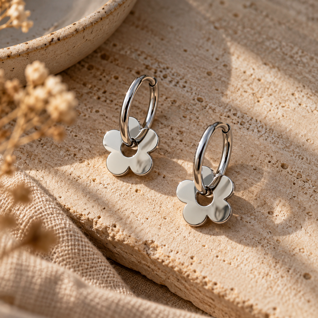 Stainless steel hoop earrings with polished flower charms, arranged on a stone slab.