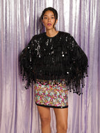 Heather Sequin Fringe Top, Black