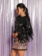 Heather Sequin Fringe Top, Black