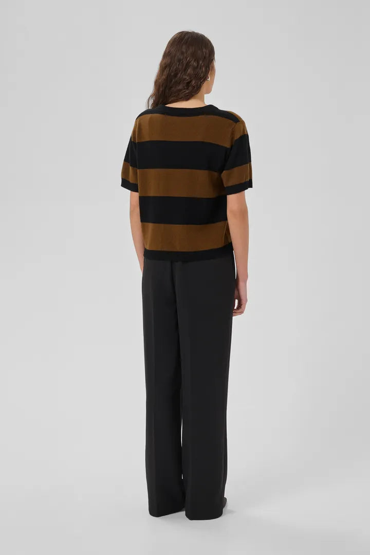 Jola Short Sleeved Knit Pullover, Bison & Black Stripe