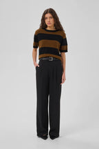 Jola Short Sleeved Knit Pullover, Bison & Black Stripe