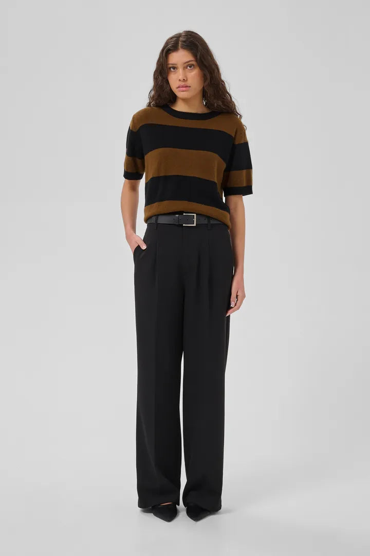 Jola Short Sleeved Knit Pullover, Bison & Black Stripe