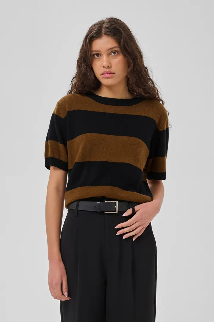 Jola Short Sleeved Knit Pullover, Bison & Black Stripe