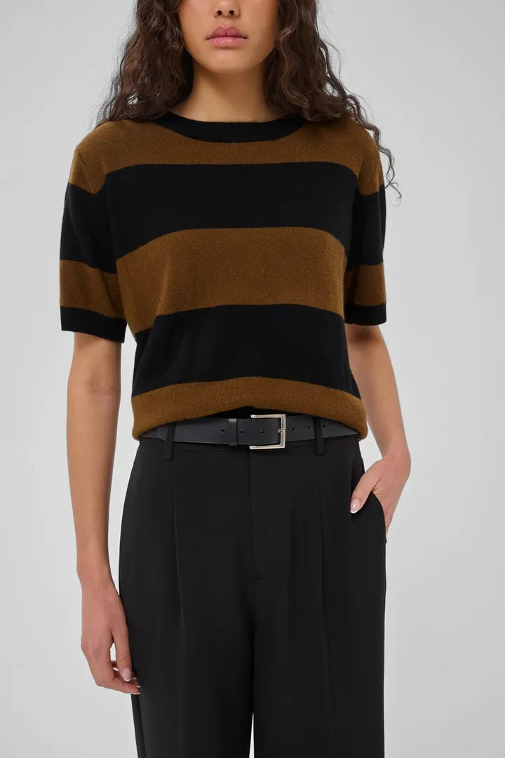 Jola Short Sleeved Knit Pullover, Bison & Black Stripe
