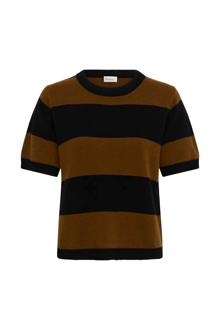 Jola Short Sleeved Knit Pullover, Bison & Black Stripe
