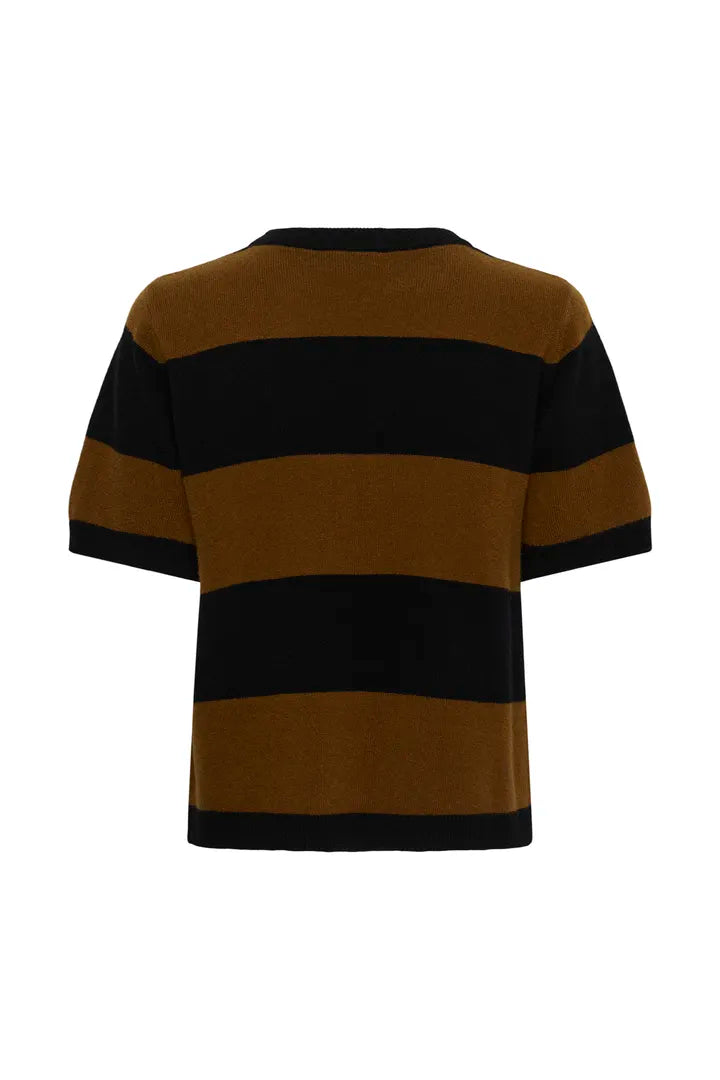 Jola Short Sleeved Knit Pullover, Bison & Black Stripe