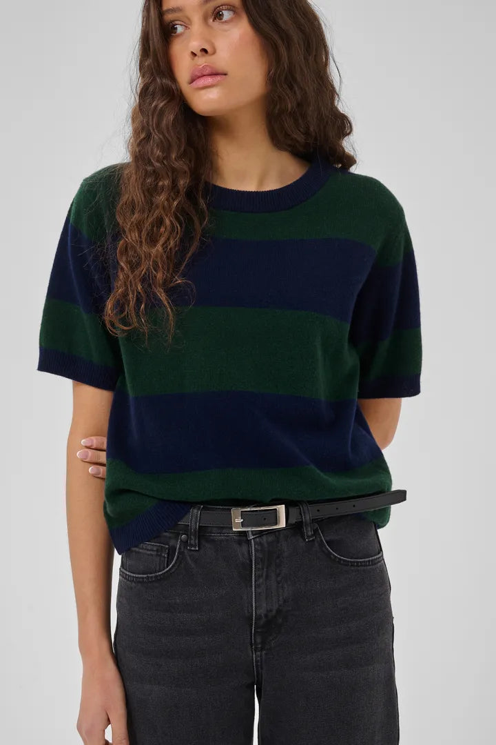 Jola Short Sleeved Knit Pullover, Douglas Green & Navy Stripe