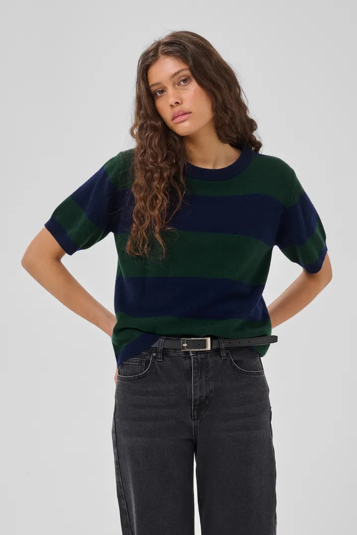 Jola Short Sleeved Knit Pullover, Douglas Green & Navy Stripe
