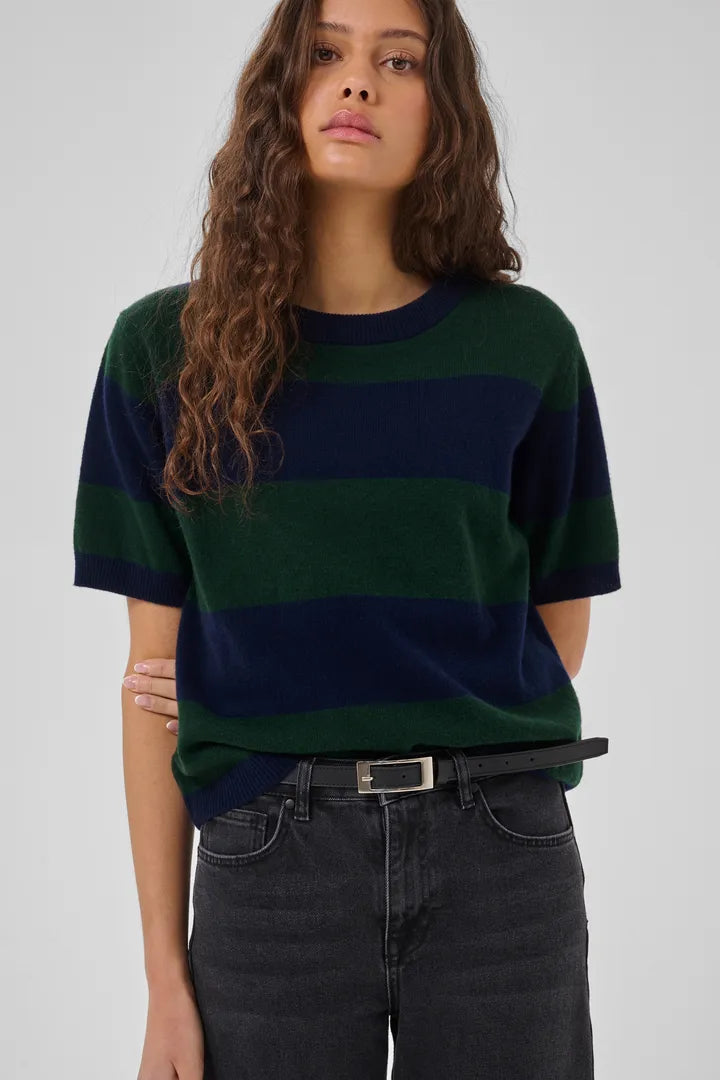 Jola Short Sleeved Knit Pullover, Douglas Green & Navy Stripe