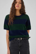 Jola Short Sleeved Knit Pullover, Douglas Green & Navy Stripe
