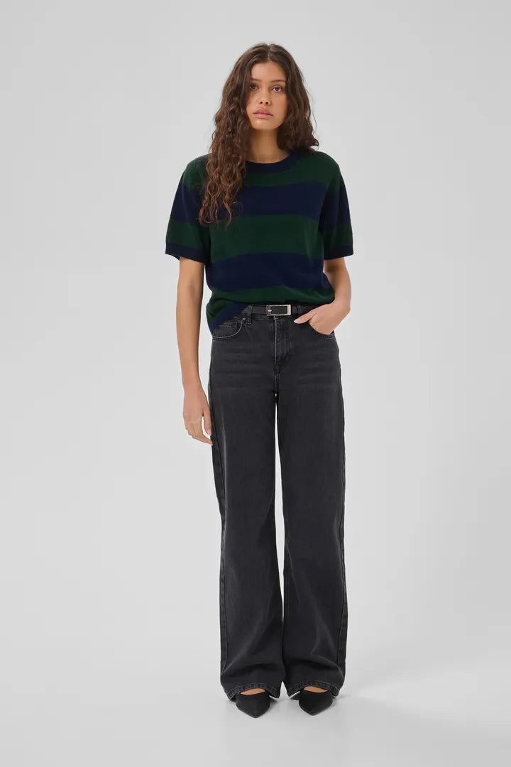 Jola Short Sleeved Knit Pullover, Douglas Green & Navy Stripe