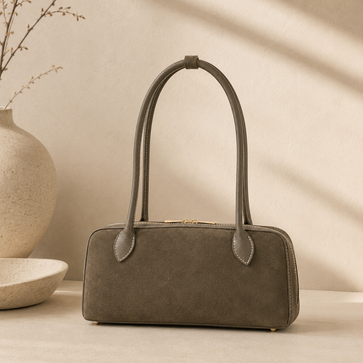 Ardèche Suede Bowling Bag, Dark Taupe