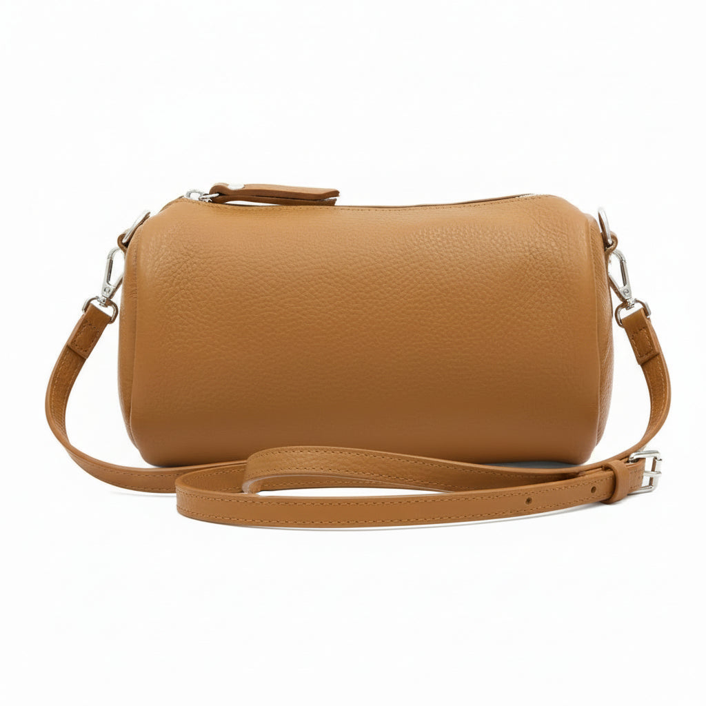 Cross Body Barrel Leather Bag, Tan