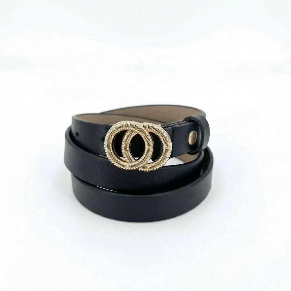 Slim Belt, Black Leather - Circle Clasp Detail