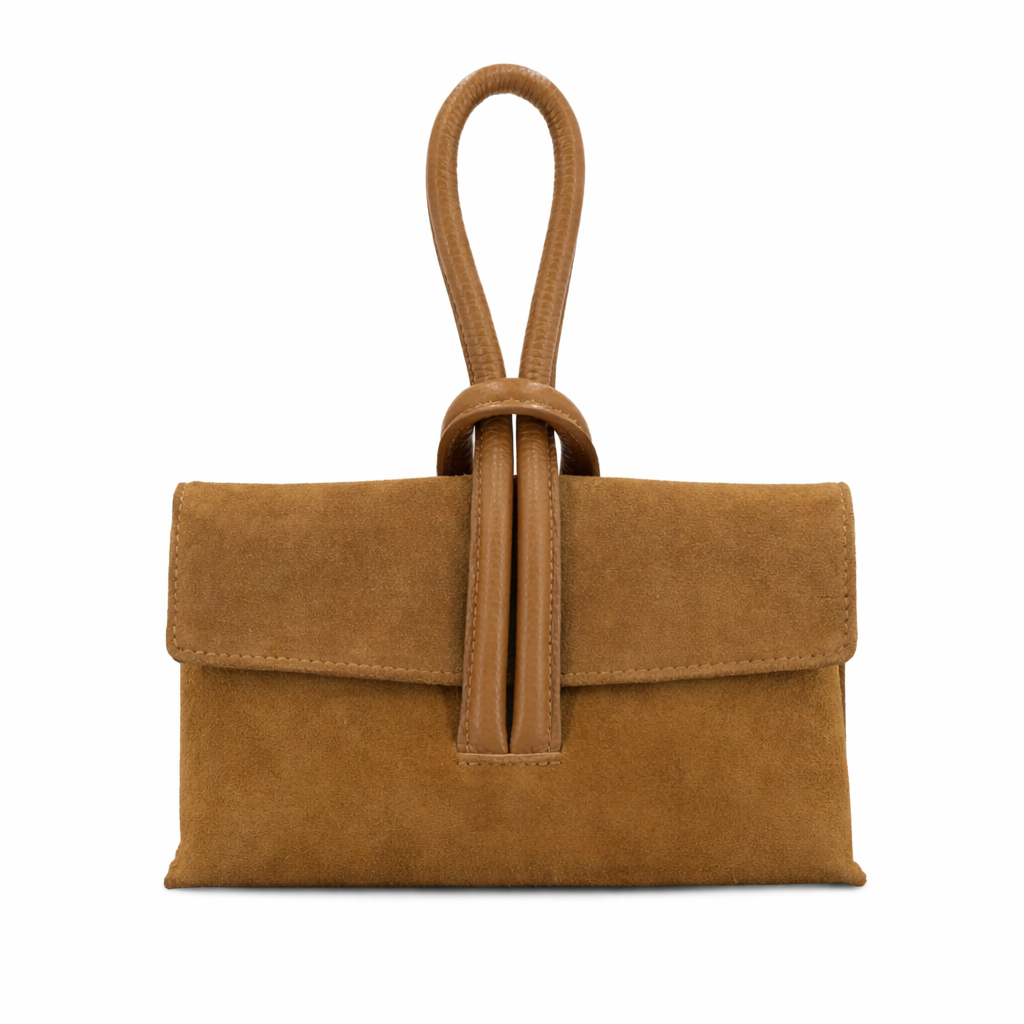 Suede Leather Loop Bag, Dark Tan