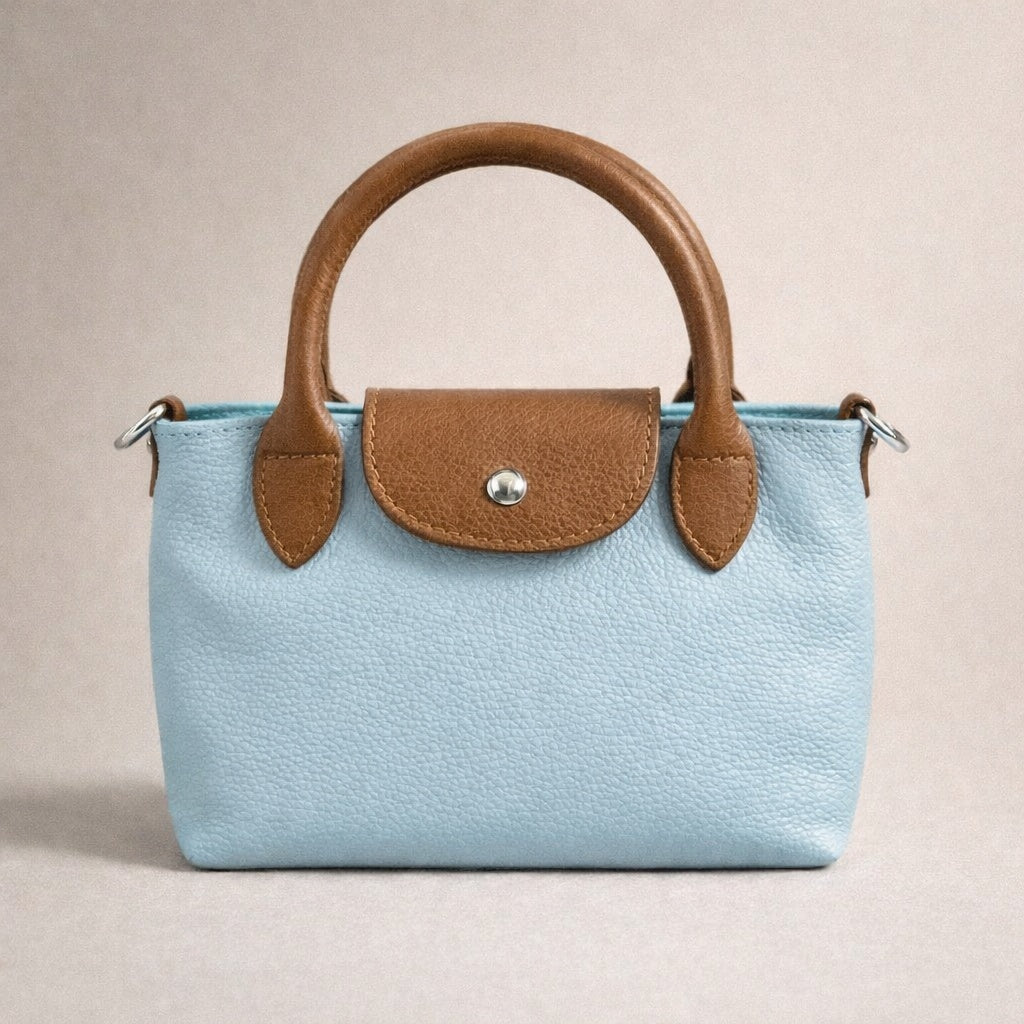 Peggy Longchamps-style Bag, Biscuit/Pale Blue