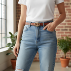 Slim Belt, Oak Leather - Circle Clasp detail