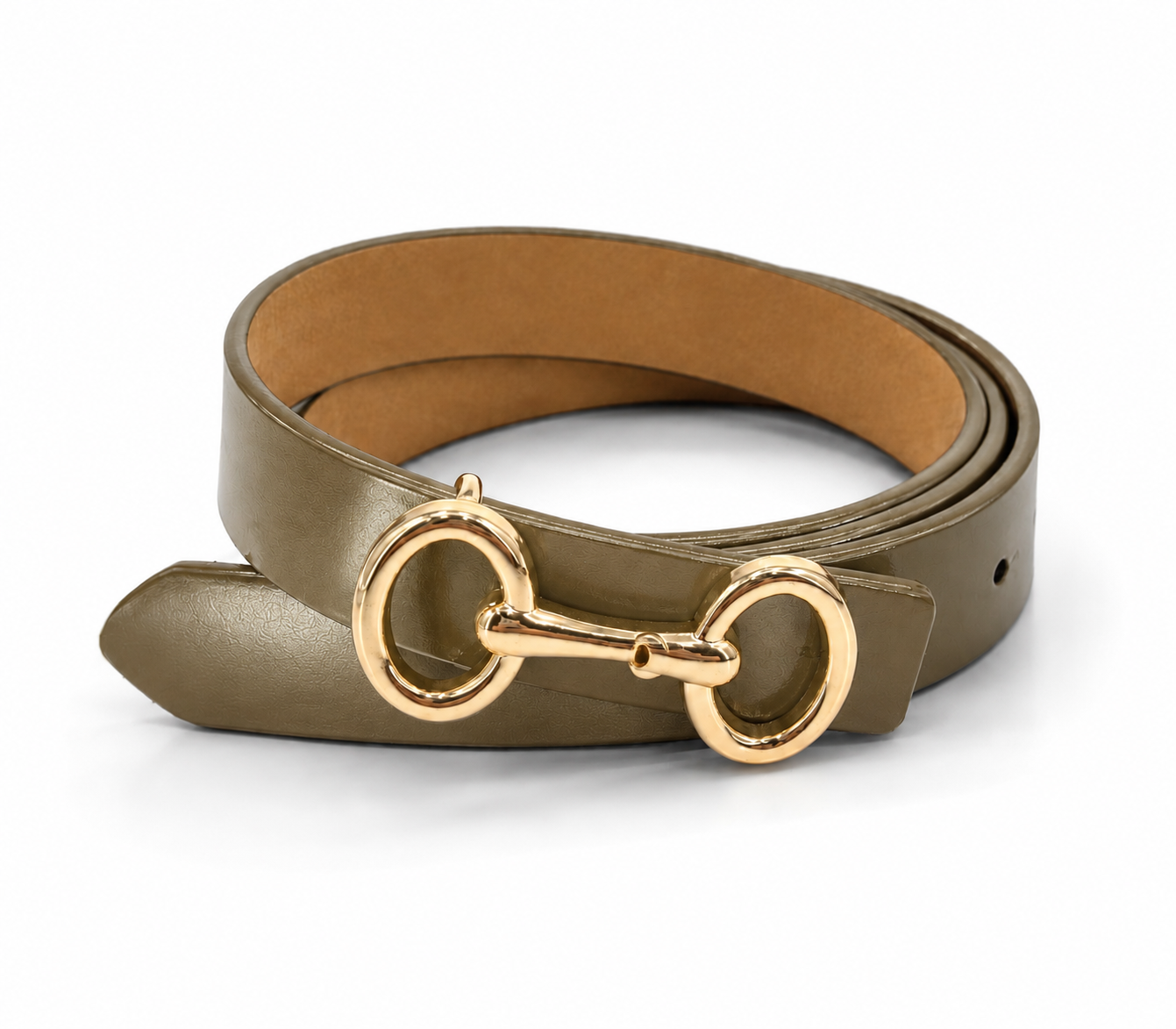 Slim Belt, Khaki Leather - Gold Snaffle