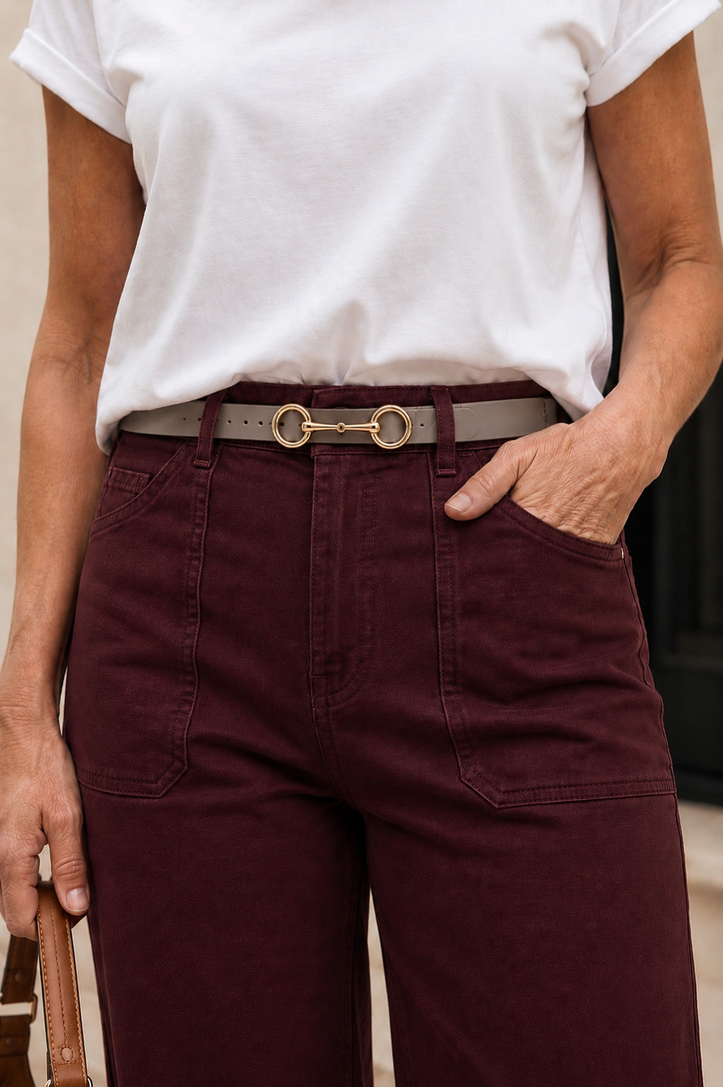 Slim Belt, Taupe Leather - Gold Snaffle