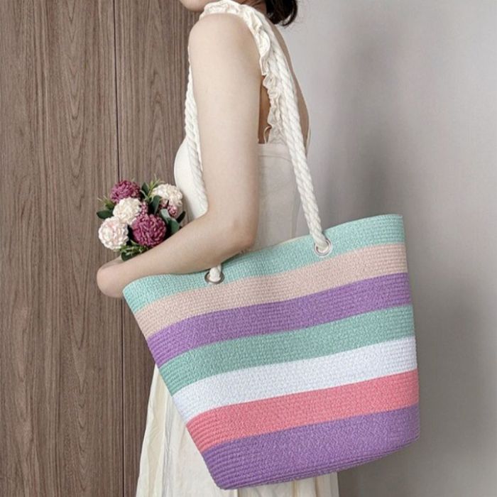 Beach Tote Bag & Sun Hat, Pastel Stripes