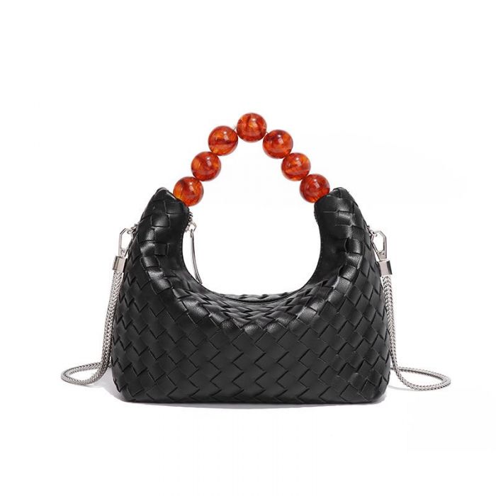 Woven Tote Bag with Beaded Handle, Black