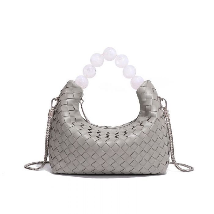 Woven Tote Bag with Beaded Handle, Grey