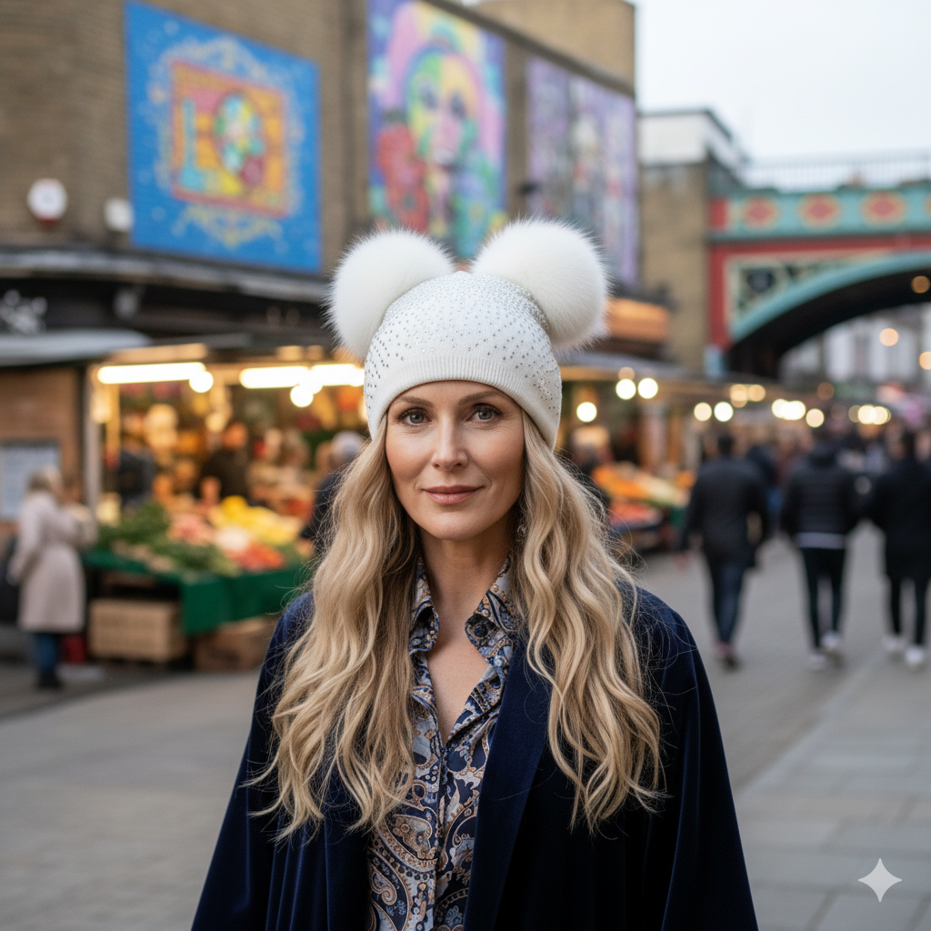 Sequin Double Pompom Hat, Cream