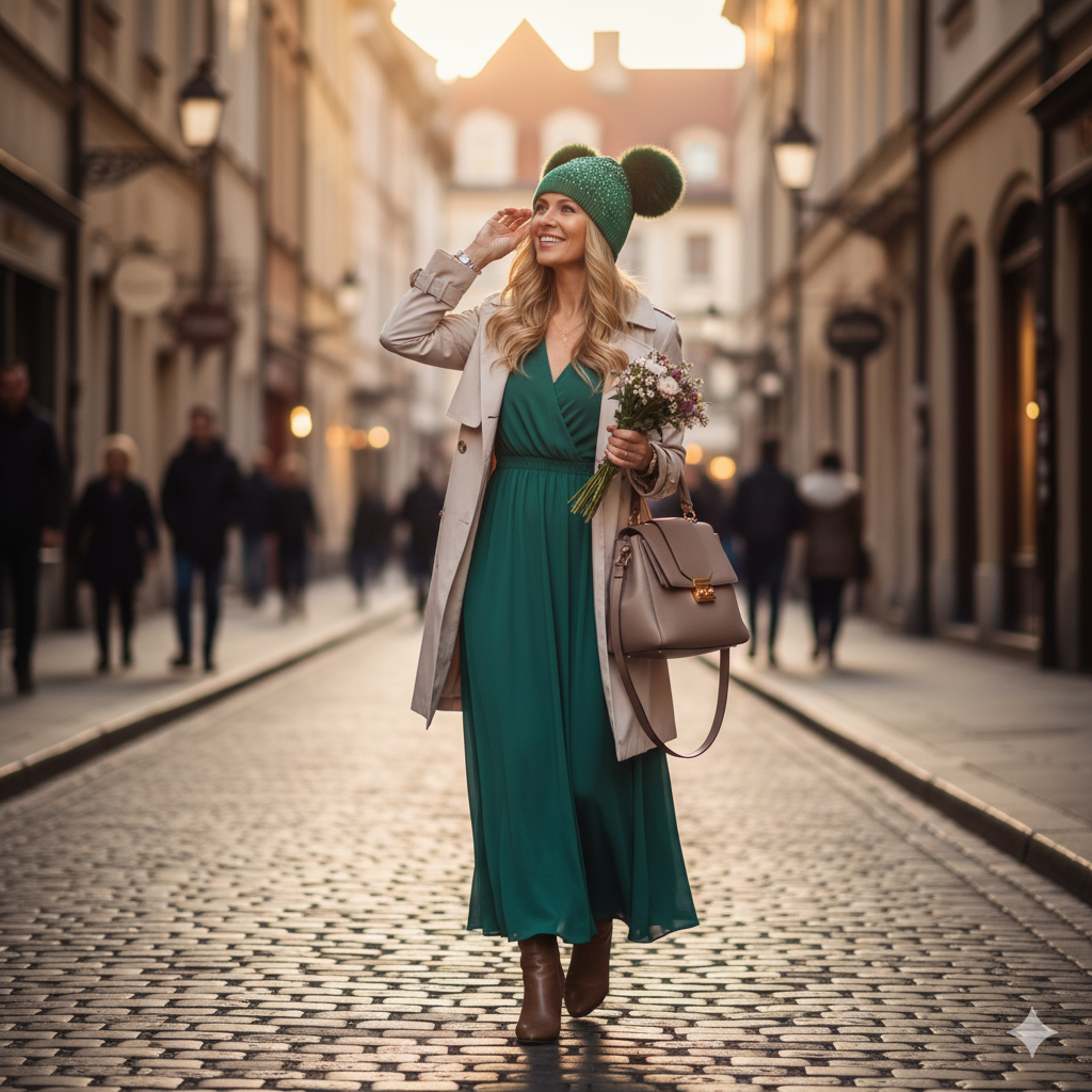 Sequin Double Pompom Hat, Green