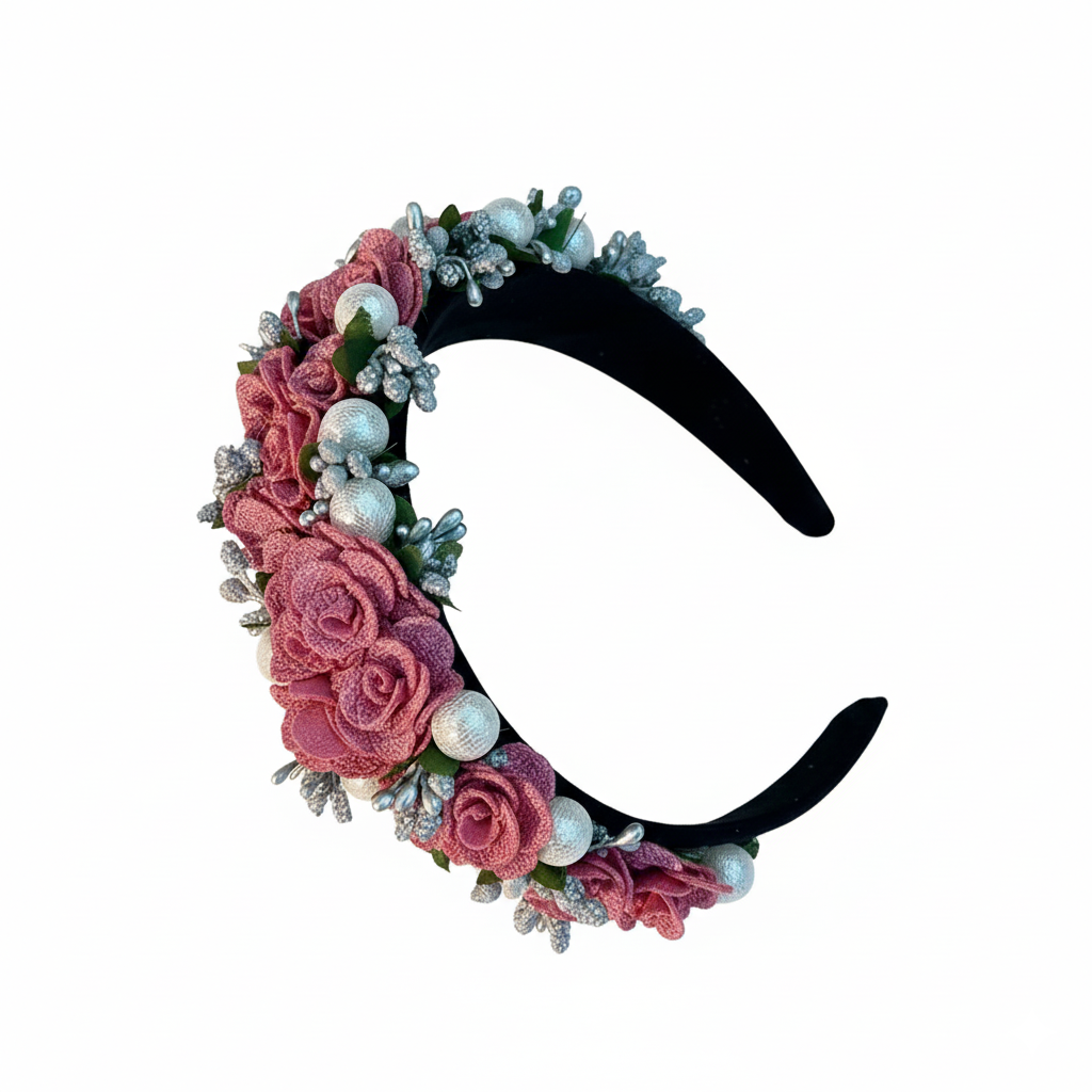 Flowers & Pearls Headband, Fuchsia