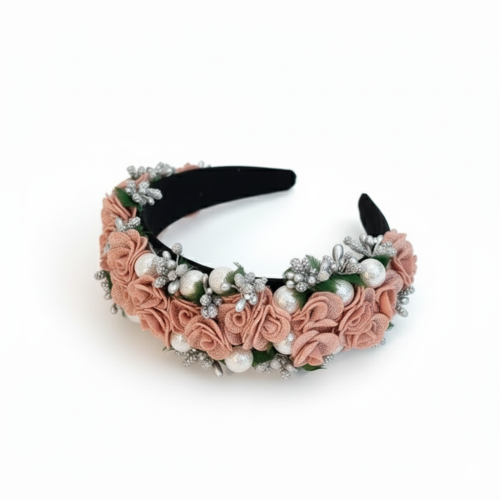 Flowers & Pearls Headband, Taupe