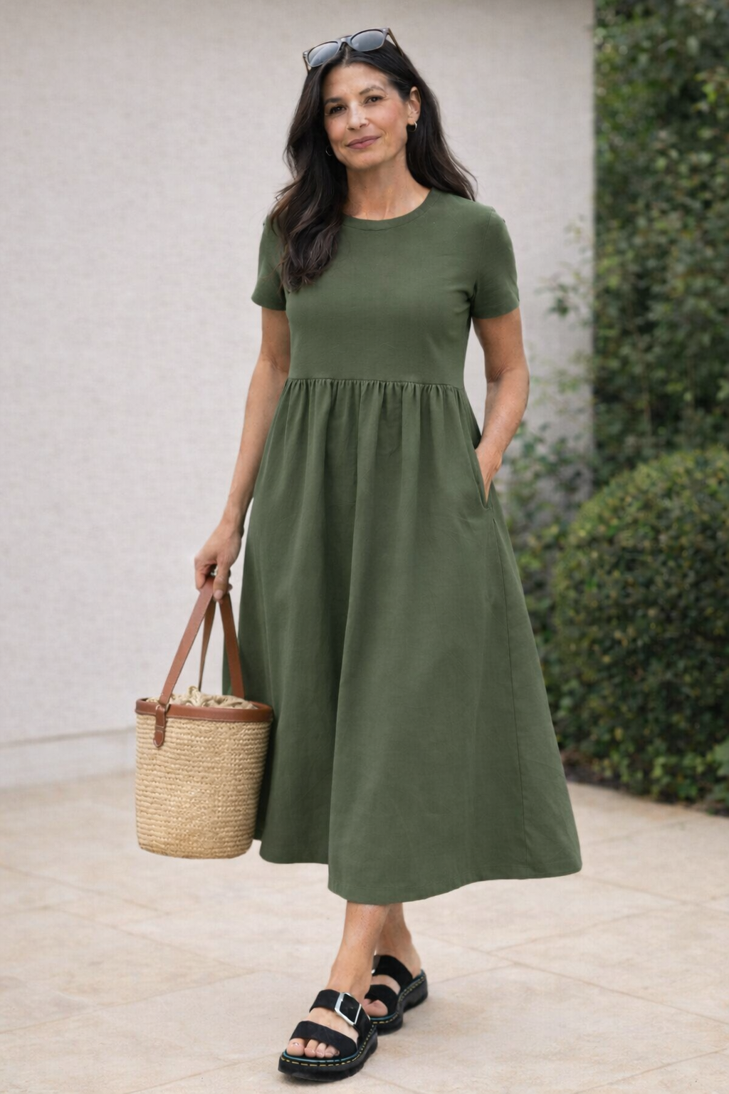 Hannah Cotton Poplin Dress, Moss Green