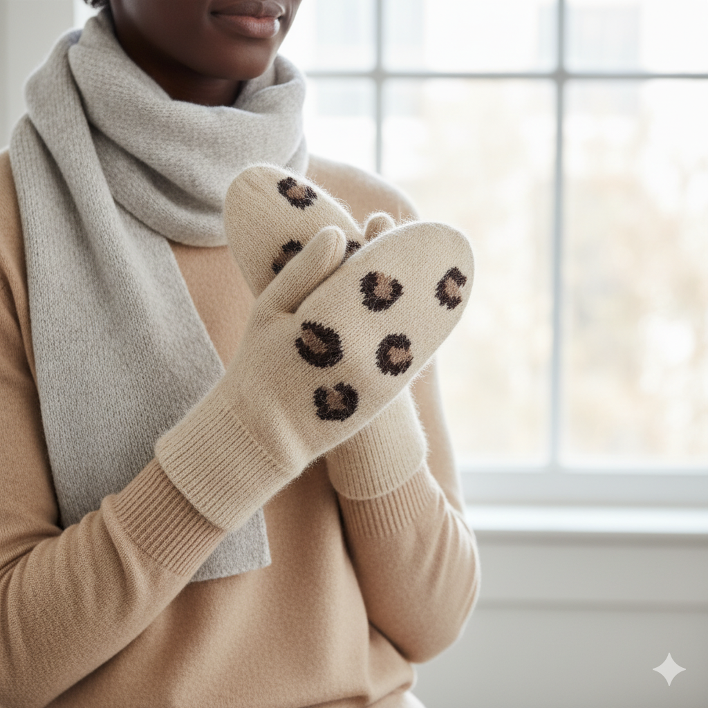 Cosy Leopard Paw Mittens, Beige