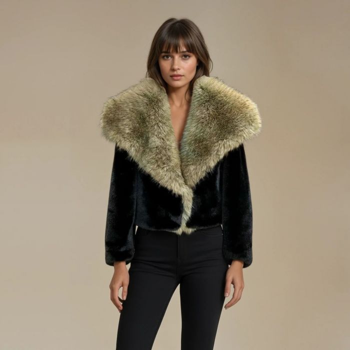 Margo Large Collar Faux Fur Jacket, Black