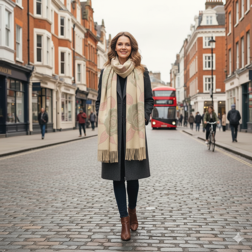 Rose Design Scarf, Beige