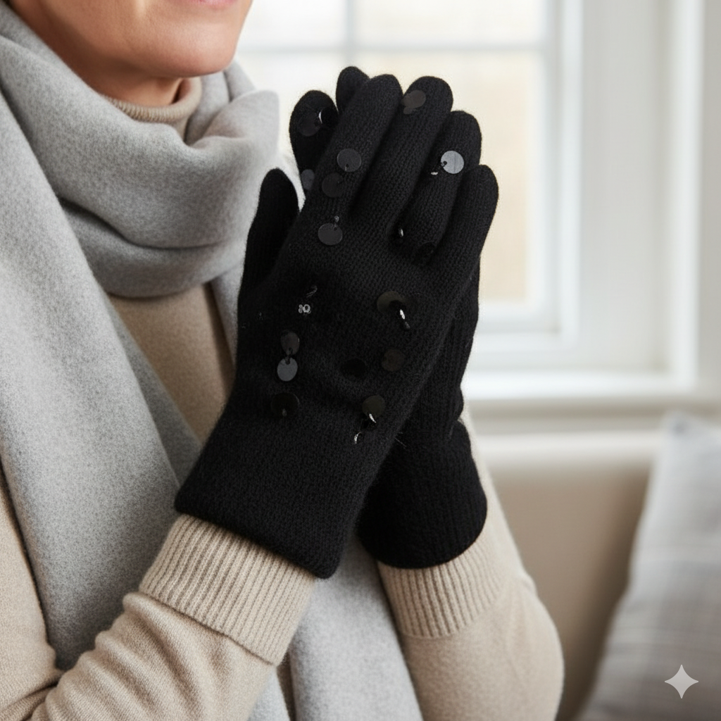 Cosy Sequinned Gloves, Black